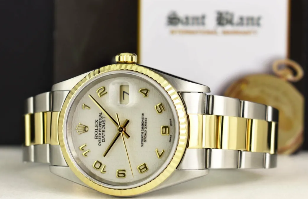 rolex_mm_kt_gold__stainle_5-12.webp Men's Watches | Dress Watches | Sant Blanc ROLEX 36mm 18kt Gold & Stainless DateJust Ivory Jubilee Arabic Dial Oyster Band Model 16233