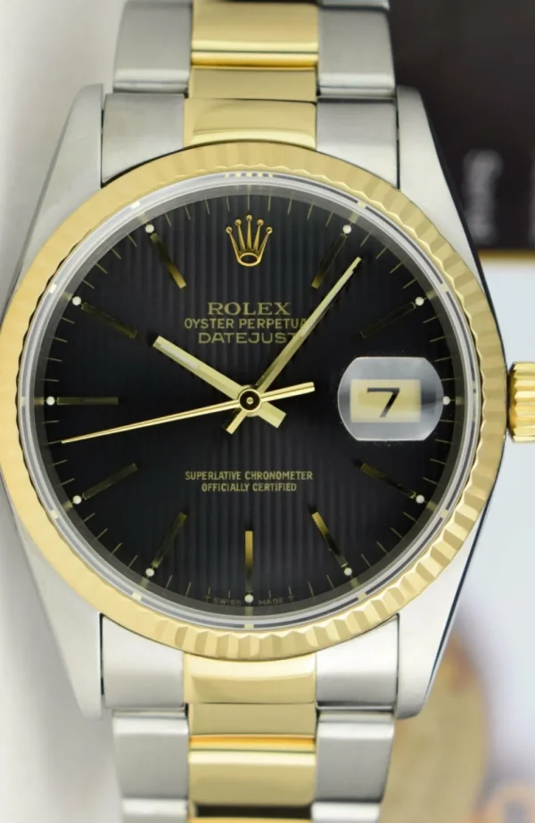 Men's Watches | Dress Watches | Sant Blanc ROLEX 36mm 18kt Gold & Stainless DateJust Black Tapestry Dial Oyster Band Model 16233
