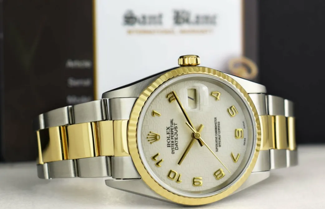 rolex_mm_kt_gold__stainle_6-12.webp Men's Watches | Dress Watches | Sant Blanc ROLEX 36mm 18kt Gold & Stainless DateJust Ivory Jubilee Arabic Dial Oyster Band Model 16233