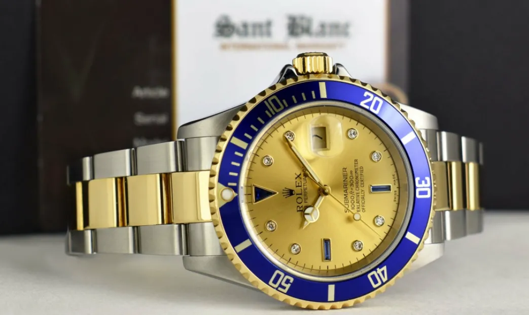 rolex_mm_kt_gold__stainle_6-18.webp Sports Watches | Men's Watches | Sant Blanc ROLEX 40mm 18kt Gold & Stainless Steel Submariner Champagne Serti Diamond Dial Model 16613