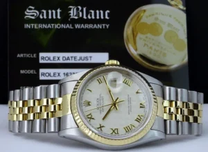 Men's Watches | Dress Watches | Sant Blanc ROLEX 36mm 18kt Gold & Stainless DateJust Ivory Pyramid Roman Dial Jubilee Band Model 16233