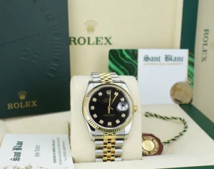 Dress Watches | Sant Blanc ROLEX 36mm 18kt Gold & Stainless Steel DateJust Black Diamond Custom Bezel Model 116233