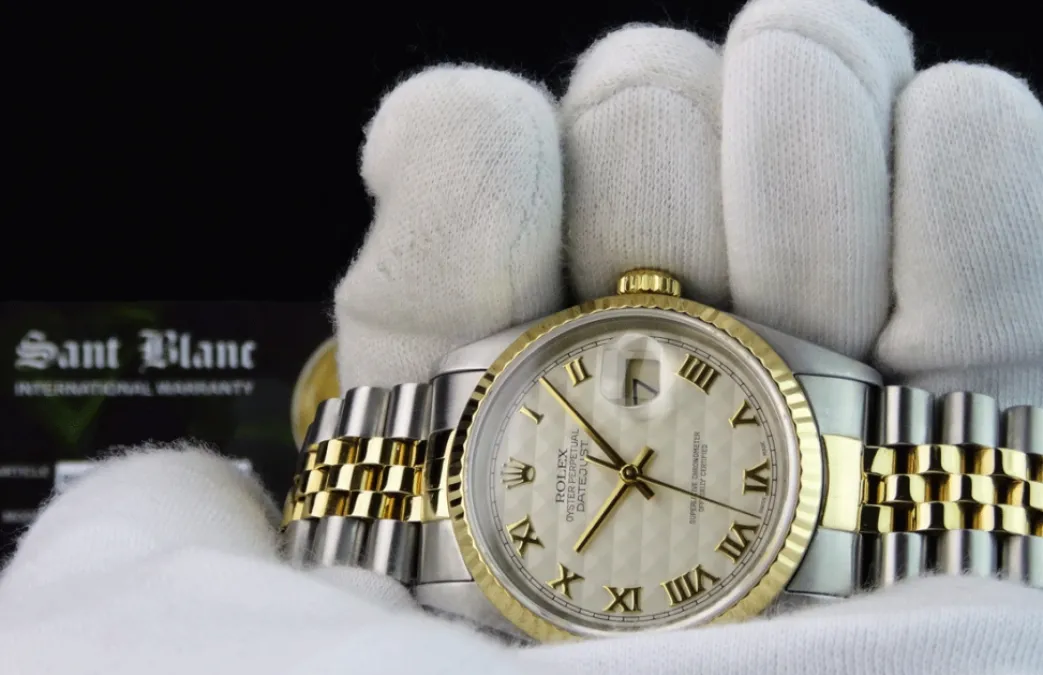 rolex_mm_kt_gold__stainle_7-5.webp Men's Watches | Dress Watches | Sant Blanc ROLEX 36mm 18kt Gold & Stainless DateJust Ivory Pyramid Roman Dial Jubilee Band Model 16233