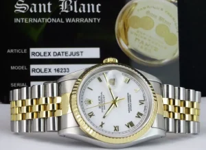 Men's Watches | Dress Watches | Sant Blanc ROLEX 36mm 18kt Gold & Stainless DateJust White Roman Dial Jubilee Band Model 16233