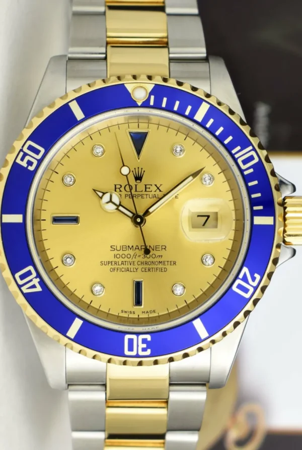 Sports Watches | Men's Watches | Sant Blanc ROLEX 40mm 18kt Gold & Stainless Steel Submariner Champagne Serti Diamond Dial Model 16613