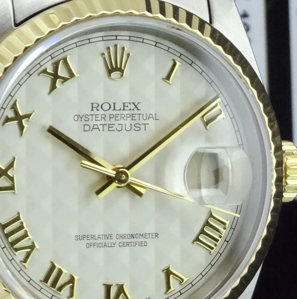 rolex_mm_kt_gold__stainle_9-1.webp Men's Watches | Dress Watches | Sant Blanc ROLEX 36mm 18kt Gold & Stainless DateJust Ivory Pyramid Roman Dial Jubilee Band Model 16233