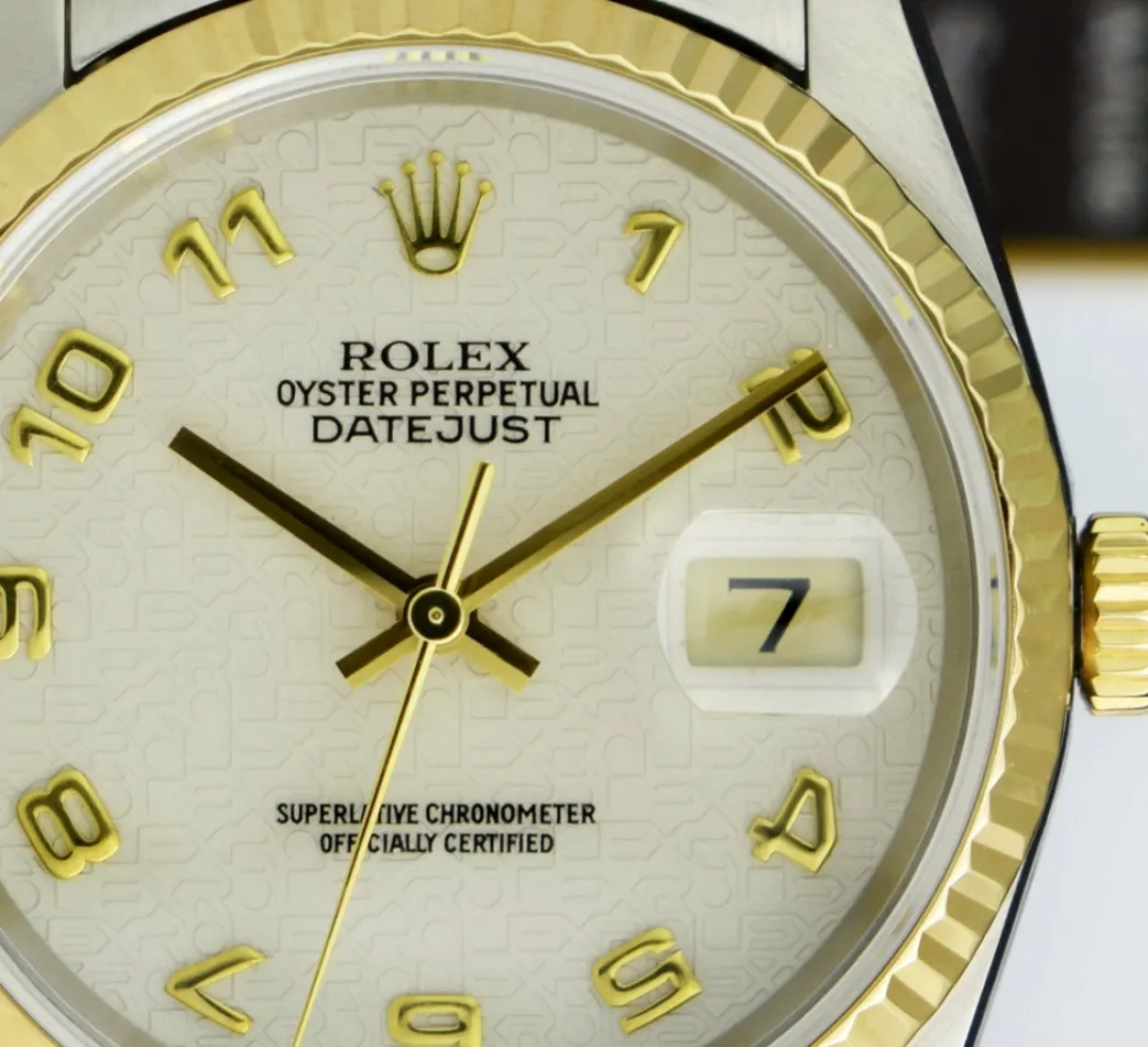 rolex_mm_kt_gold__stainle_9-3.webp Men's Watches | Dress Watches | Sant Blanc ROLEX 36mm 18kt Gold & Stainless DateJust Ivory Jubilee Arabic Dial Oyster Band Model 16233