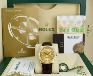 President Dress Watches | Sant Blanc ROLEX 36mm 18kt Gold Day Date Champagne Dial Diamond Bezel Model 118138