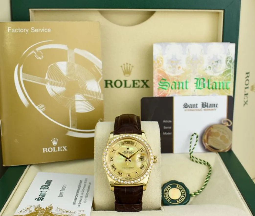rolex_mm_kt_gold_day_date_0-3.webp President Dress Watches | Sant Blanc ROLEX 36mm 18kt Gold Day Date Mother of Pearl Deco Roman Dial Diamond Bezel Model 118138