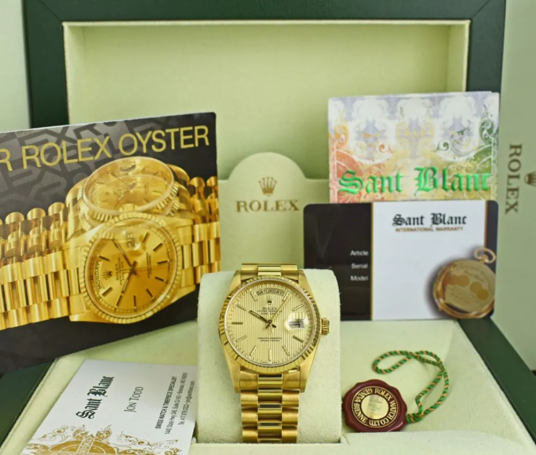 rolex_mm_kt_gold_day_date_0-4.webp President Dress Watches | Dress Watches | Sant Blanc ROLEX 36mm 18kt Gold Day Date President Champagne Tapestry Dial Model 18038