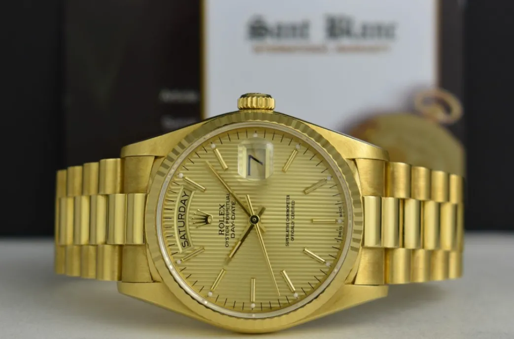 rolex_mm_kt_gold_day_date_2-4.webp President Dress Watches | Dress Watches | Sant Blanc ROLEX 36mm 18kt Gold Day Date President Champagne Tapestry Dial Model 18038