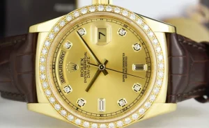 President Dress Watches | Sant Blanc ROLEX 36mm 18kt Gold Day Date Champagne Dial Diamond Bezel Model 118138