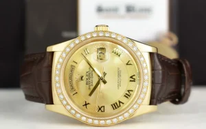 President Dress Watches | Sant Blanc ROLEX 36mm 18kt Gold Day Date Mother of Pearl Deco Roman Dial Diamond Bezel Model 118138