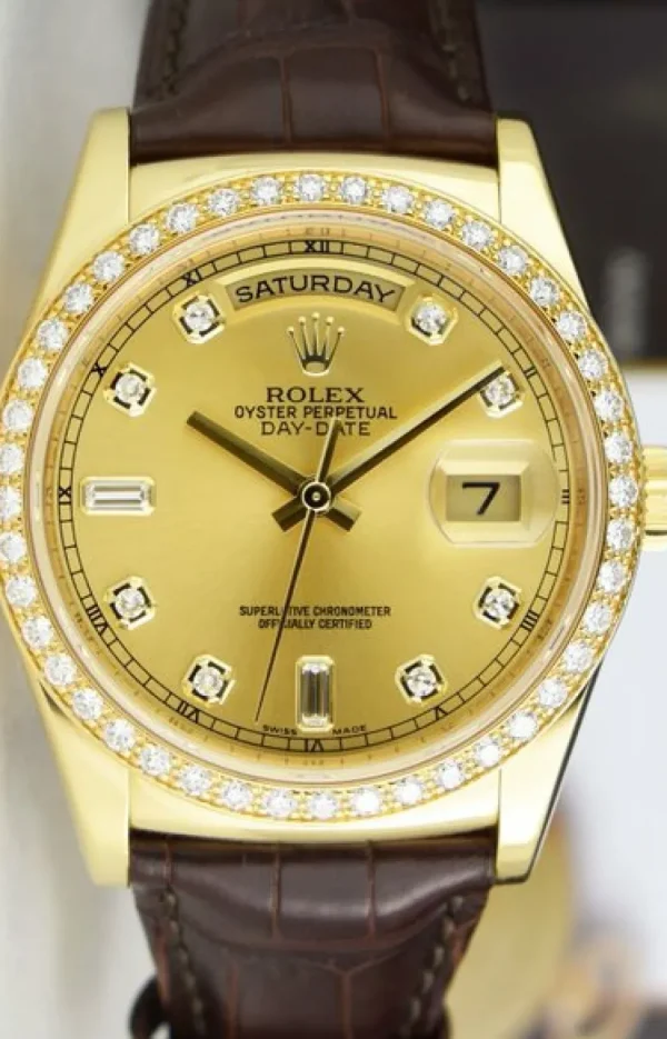 President Dress Watches | Sant Blanc ROLEX 36mm 18kt Gold Day Date Champagne Dial Diamond Bezel Model 118138
