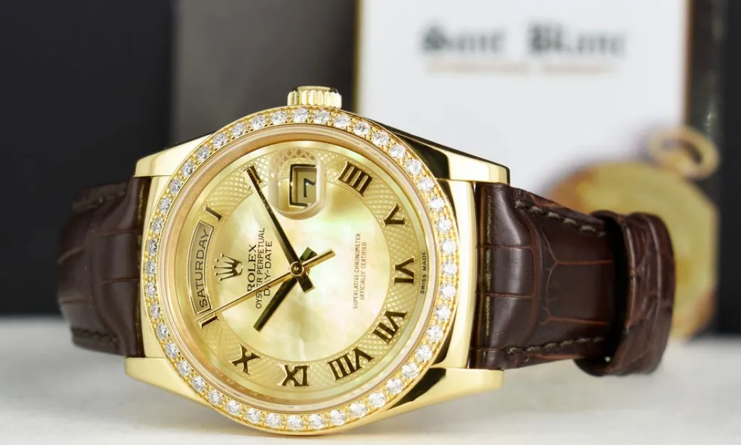 rolex_mm_kt_gold_day_date_4-3.webp President Dress Watches | Sant Blanc ROLEX 36mm 18kt Gold Day Date Mother of Pearl Deco Roman Dial Diamond Bezel Model 118138