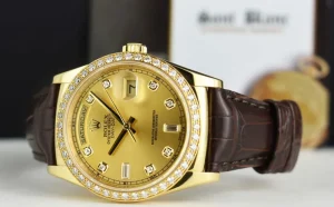 President Dress Watches | Sant Blanc ROLEX 36mm 18kt Gold Day Date Champagne Dial Diamond Bezel Model 118138