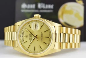 Men's Watches | President Dress Watches | Sant Blanc ROLEX 36mm 18kt Gold Day Date President Champagne Stick Dial Model 18038