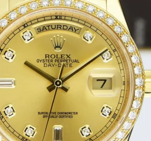 President Dress Watches | Sant Blanc ROLEX 36mm 18kt Gold Day Date Champagne Dial Diamond Bezel Model 118138