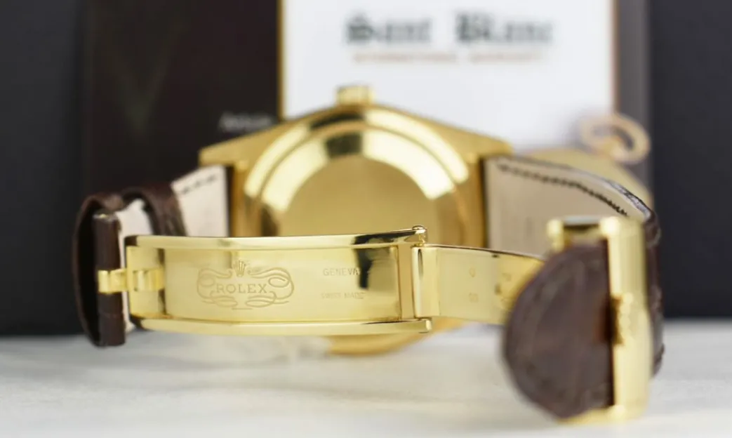 rolex_mm_kt_gold_day_date_6-3.webp President Dress Watches | Sant Blanc ROLEX 36mm 18kt Gold Day Date Mother of Pearl Deco Roman Dial Diamond Bezel Model 118138