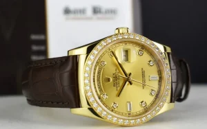President Dress Watches | Sant Blanc ROLEX 36mm 18kt Gold Day Date Champagne Dial Diamond Bezel Model 118138