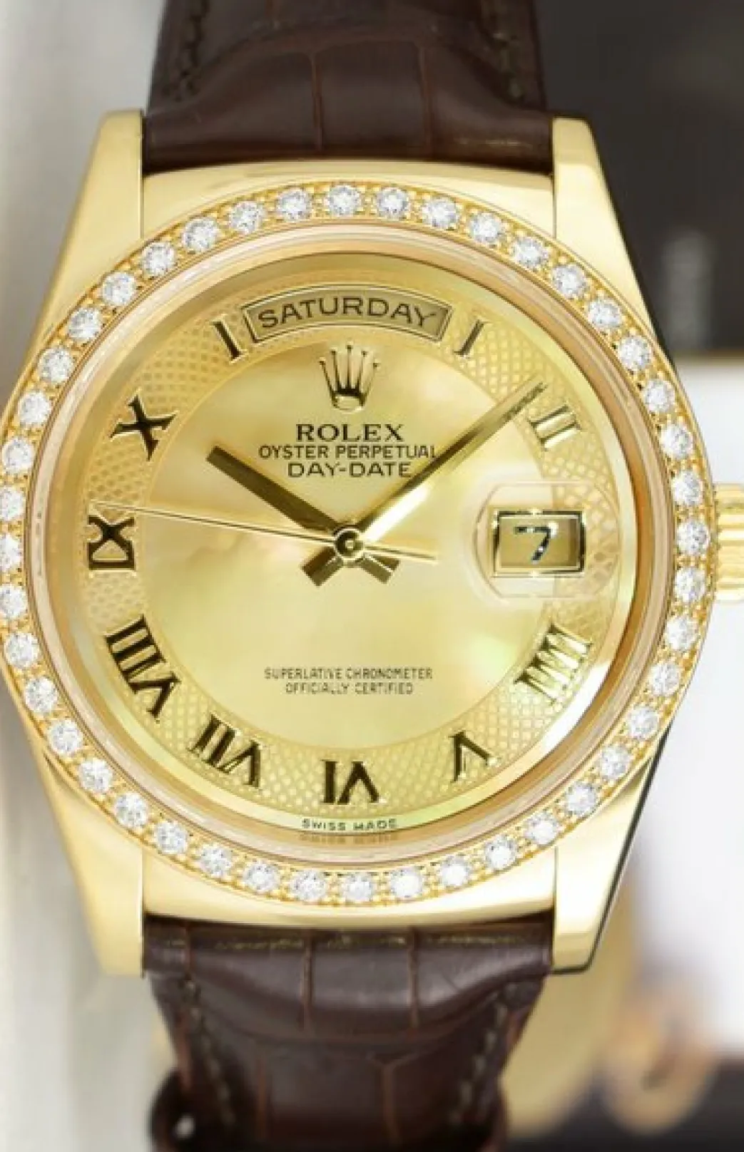 rolex_mm_kt_gold_day_date_8-1.webp President Dress Watches | Sant Blanc ROLEX 36mm 18kt Gold Day Date Mother of Pearl Deco Roman Dial Diamond Bezel Model 118138