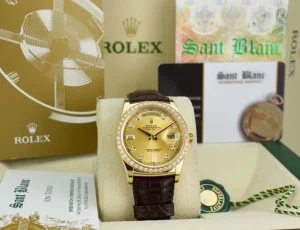 President Dress Watches | Sant Blanc ROLEX 36mm 18kt Gold Day Date Champagne Dial Diamond Bezel Model 118138