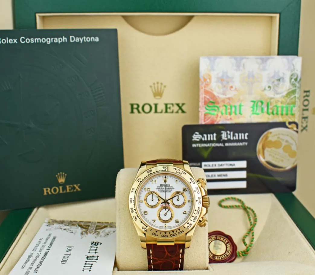 rolex_mm_kt_gold_daytona__0-4.webp Racing Professional Watches | Sant Blanc ROLEX 40mm 18kt Gold Daytona White Arabic Dial Brown Strap Model 116518