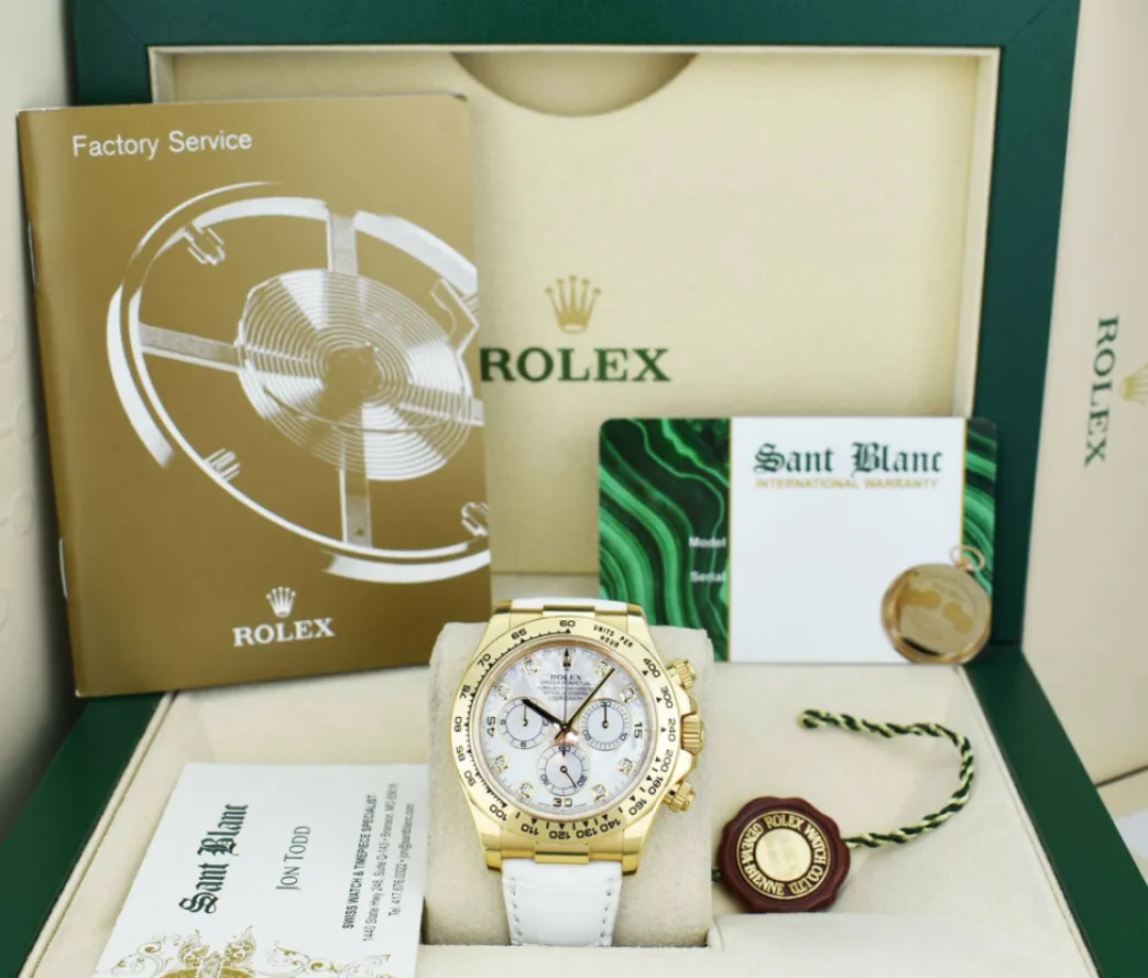 rolex_mm_kt_gold_daytona__0.webp Racing Professional Watches | Sant Blanc ROLEX 40mm 18kt Gold Daytona White Leather Strap Mother of Pearl Diamond Dial Model 116518