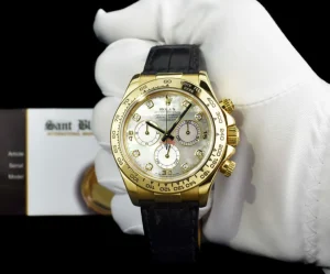 Racing Professional Watches | Sant Blanc ROLEX 40mm 18kt Gold Daytona Leather Strap Mother of Pearl Diamond Dial Model 116518