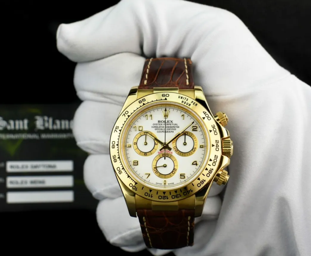 rolex_mm_kt_gold_daytona__1-4.webp Racing Professional Watches | Sant Blanc ROLEX 40mm 18kt Gold Daytona White Arabic Dial Brown Strap Model 116518