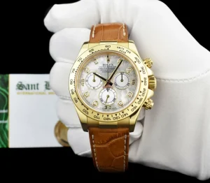 Men's Watches | Racing Professional Watches | Sant Blanc ROLEX 40mm 18kt Gold Daytona Cognac Strap Mother of Pearl Diamond Dial Model 116518
