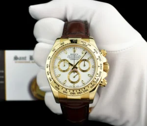 Men's Watches | Racing Professional Watches | Sant Blanc ROLEX 40mm 18kt Gold Daytona Leather Strap White Index Dial Model 116518
