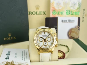 Men's Watches | Racing Professional Watches | Sant Blanc ROLEX 40mm 18kt Gold Daytona White Diamond Dial White Leather Strap Model 116518