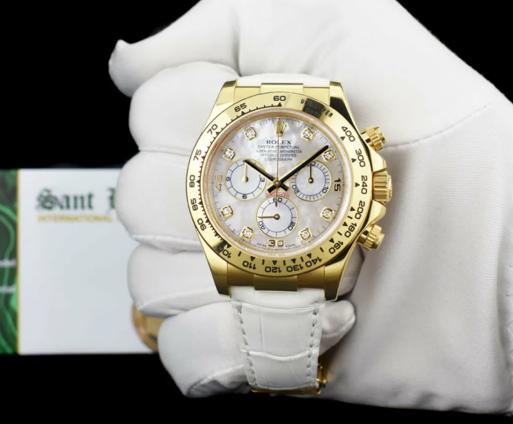 rolex_mm_kt_gold_daytona__1.webp Racing Professional Watches | Sant Blanc ROLEX 40mm 18kt Gold Daytona White Leather Strap Mother of Pearl Diamond Dial Model 116518