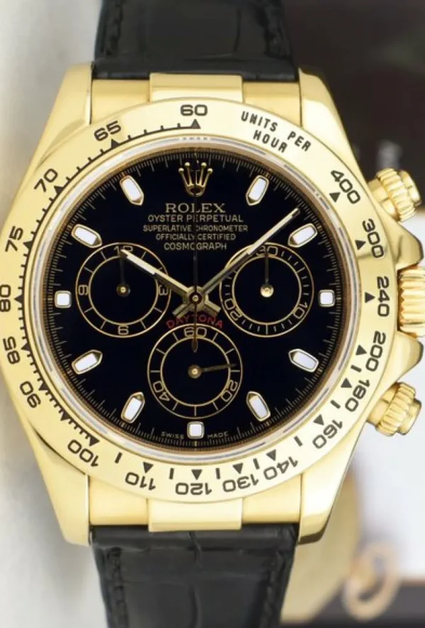 Racing Professional Watches | Sant Blanc ROLEX 40mm 18kt Gold DAYTONA Black Strap Black Index 116518