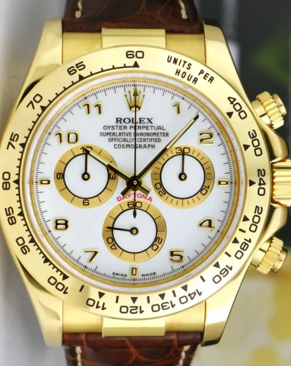 Racing Professional Watches | Sant Blanc ROLEX 40mm 18kt Gold Daytona White Arabic Dial Brown Strap Model 116518