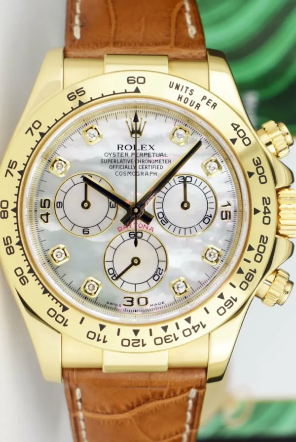 Men's Watches | Racing Professional Watches | Sant Blanc ROLEX 40mm 18kt Gold Daytona Cognac Strap Mother of Pearl Diamond Dial Model 116518