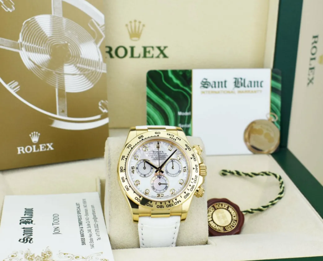 rolex_mm_kt_gold_daytona__2.webp Racing Professional Watches | Sant Blanc ROLEX 40mm 18kt Gold Daytona White Leather Strap Mother of Pearl Diamond Dial Model 116518