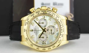 Racing Professional Watches | Sant Blanc ROLEX 40mm 18kt Gold Daytona Leather Strap Mother of Pearl Diamond Dial Model 116518