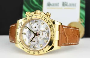 Men's Watches | Racing Professional Watches | Sant Blanc ROLEX 40mm 18kt Gold Daytona Cognac Strap Mother of Pearl Diamond Dial Model 116518
