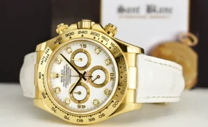 Men's Watches | Racing Professional Watches | Sant Blanc ROLEX 40mm 18kt Gold Daytona White Diamond Dial White Leather Strap Model 116518