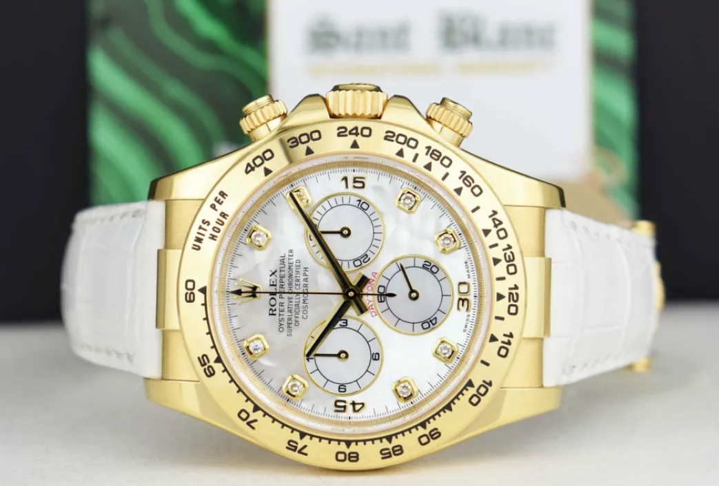 rolex_mm_kt_gold_daytona__3.webp Racing Professional Watches | Sant Blanc ROLEX 40mm 18kt Gold Daytona White Leather Strap Mother of Pearl Diamond Dial Model 116518