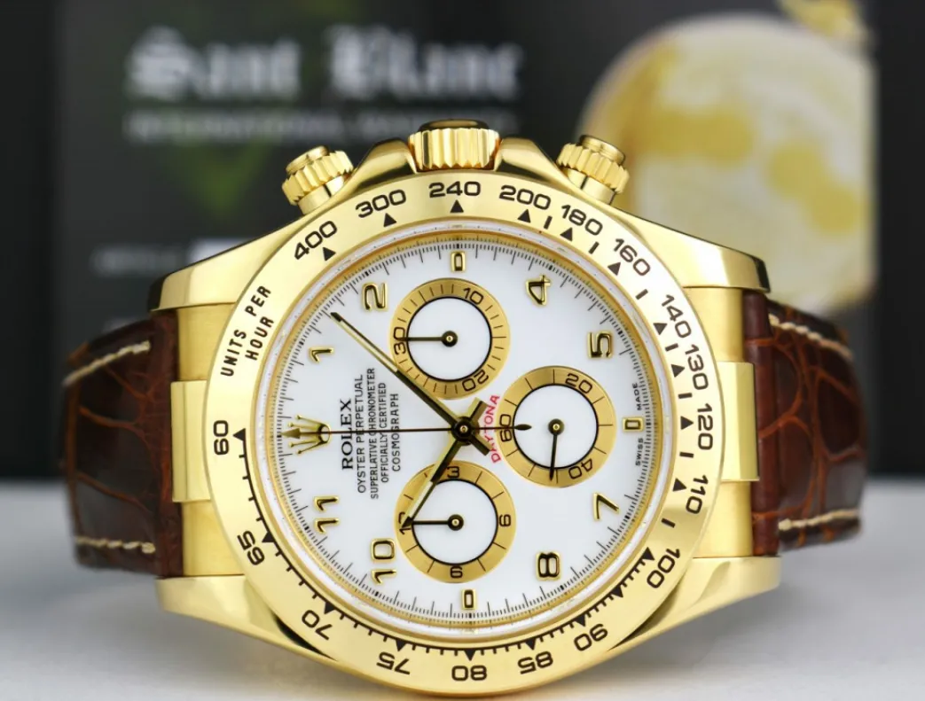 rolex_mm_kt_gold_daytona__4-4.webp Racing Professional Watches | Sant Blanc ROLEX 40mm 18kt Gold Daytona White Arabic Dial Brown Strap Model 116518