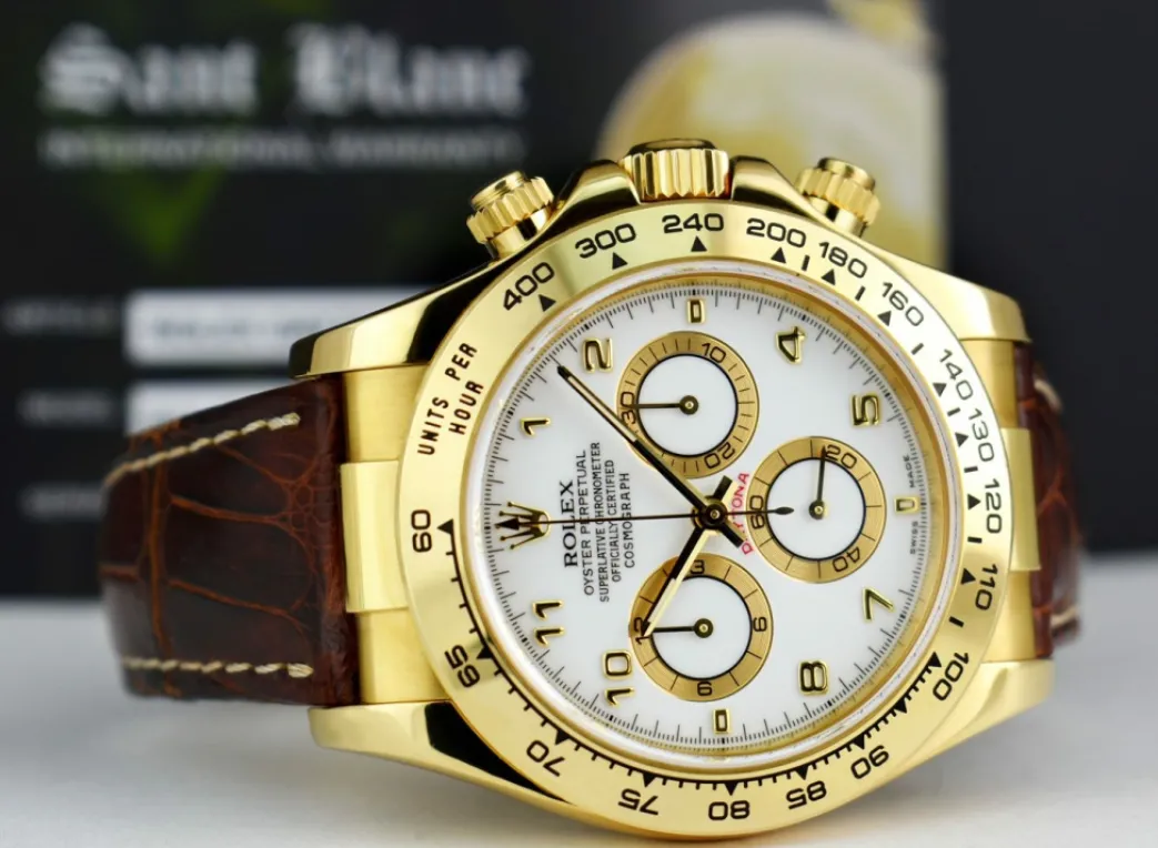 rolex_mm_kt_gold_daytona__5-4.webp Racing Professional Watches | Sant Blanc ROLEX 40mm 18kt Gold Daytona White Arabic Dial Brown Strap Model 116518