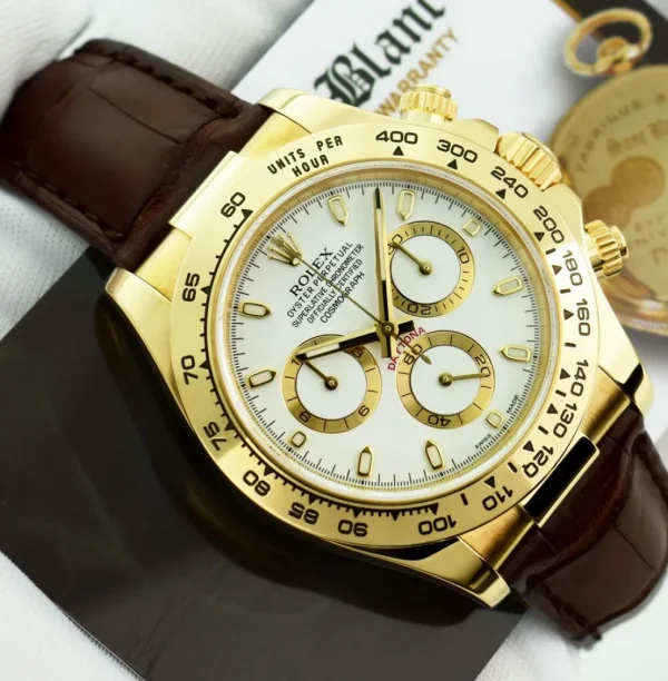 Men's Watches | Racing Professional Watches | Sant Blanc ROLEX 40mm 18kt Gold Daytona Leather Strap White Index Dial Model 116518
