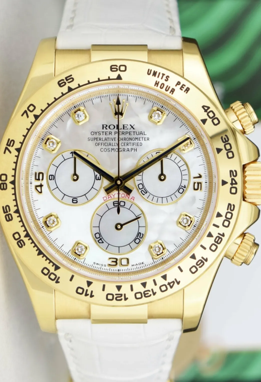 rolex_mm_kt_gold_daytona__5.webp Racing Professional Watches | Sant Blanc ROLEX 40mm 18kt Gold Daytona White Leather Strap Mother of Pearl Diamond Dial Model 116518
