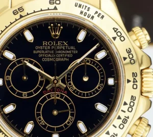 Racing Professional Watches | Sant Blanc ROLEX 40mm 18kt Gold DAYTONA Black Strap Black Index 116518