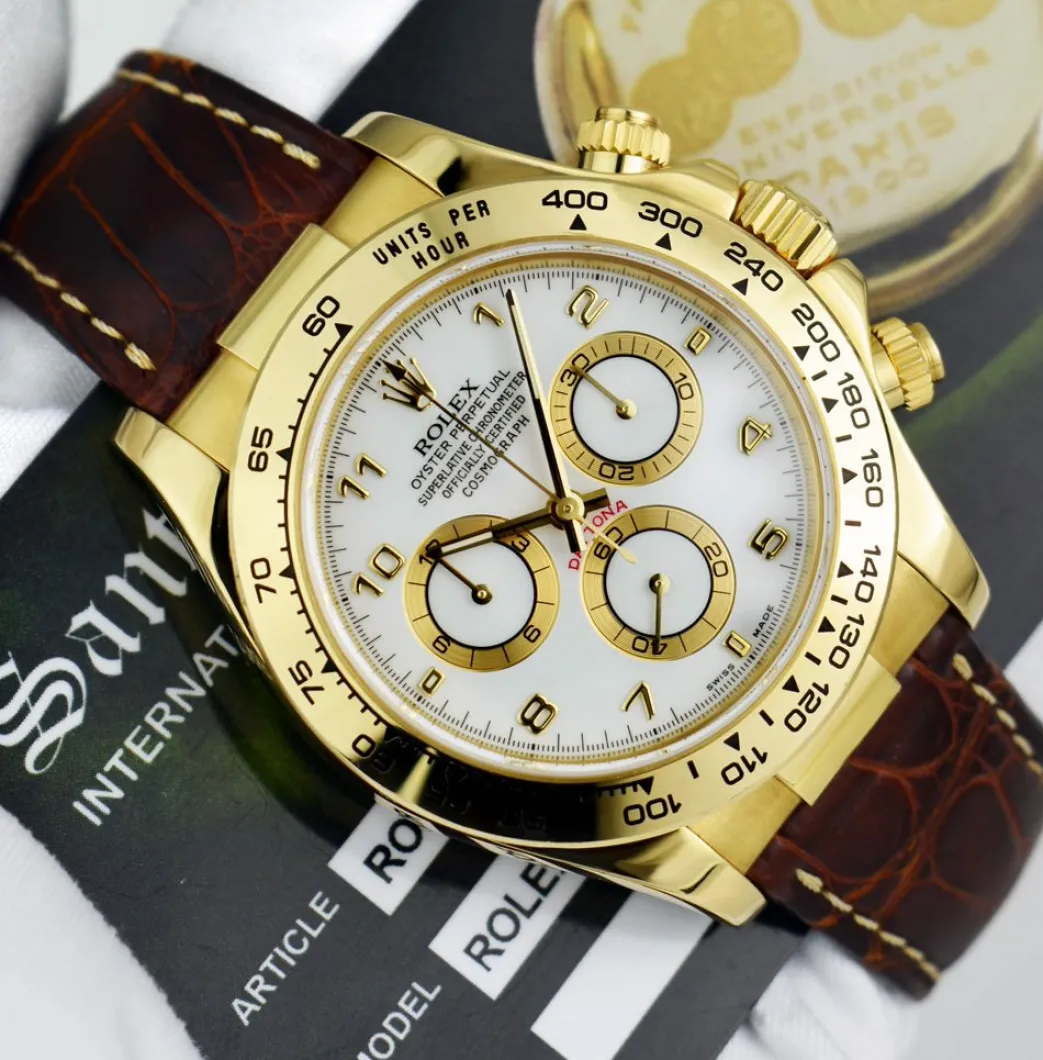 rolex_mm_kt_gold_daytona__6-4.webp Racing Professional Watches | Sant Blanc ROLEX 40mm 18kt Gold Daytona White Arabic Dial Brown Strap Model 116518
