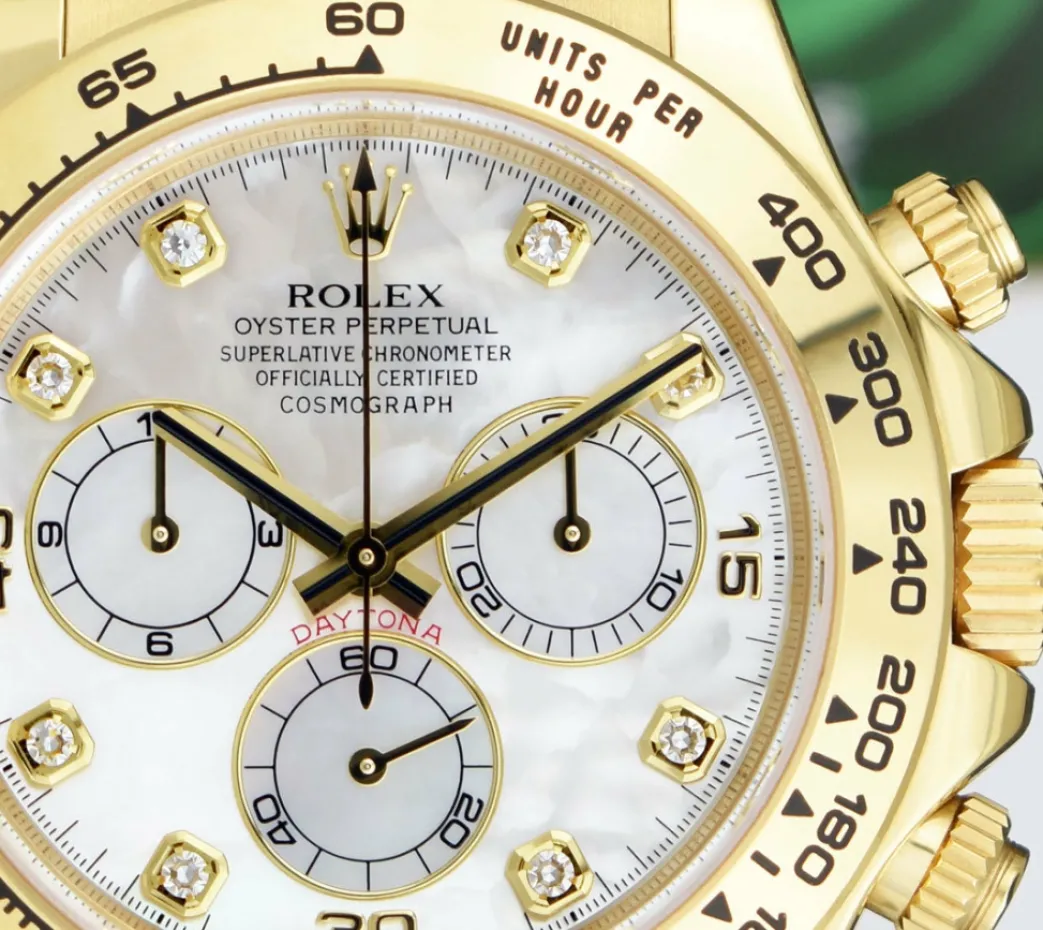 rolex_mm_kt_gold_daytona__6.webp Racing Professional Watches | Sant Blanc ROLEX 40mm 18kt Gold Daytona White Leather Strap Mother of Pearl Diamond Dial Model 116518