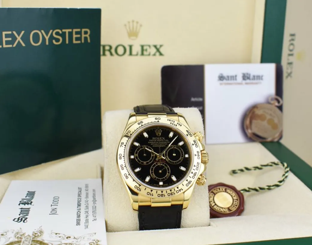 rolex_mm_kt_gold_daytona__7-1.webp Racing Professional Watches | Sant Blanc ROLEX 40mm 18kt Gold DAYTONA Black Strap Black Index 116518